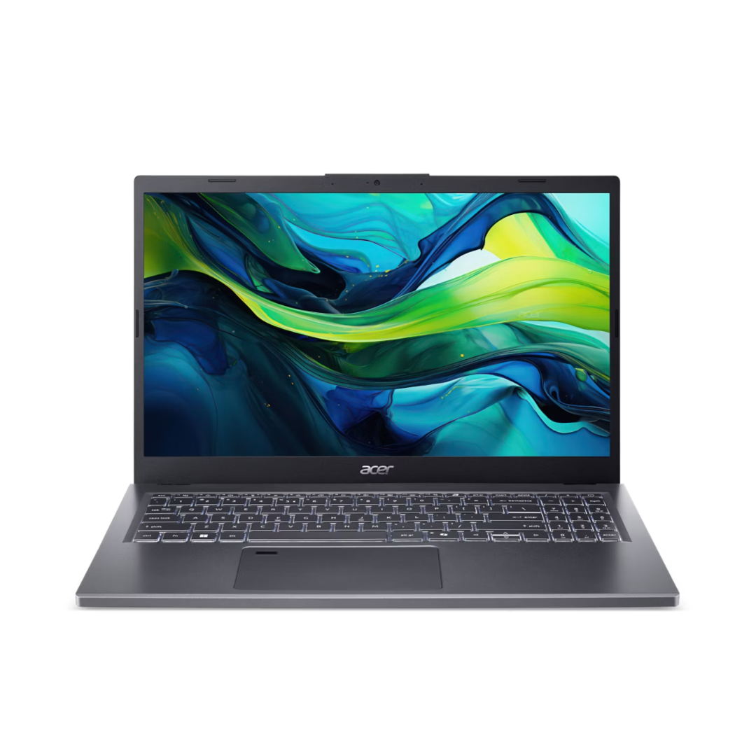 Laptop with a colorful display on a white background